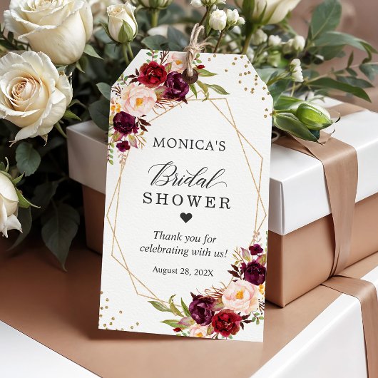 ウェディングシャワー バーガンディーレッド 花モチーフ ゴールドフレーム ギフトタグ