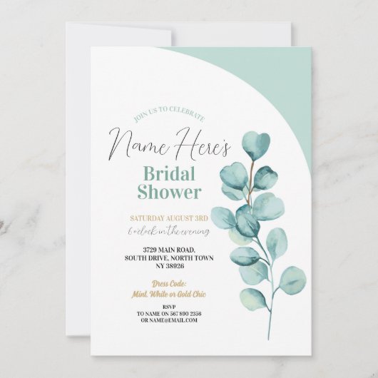 ウェディングシャワー パーティー ユーカリ 緑の葉 ミント 招待状 (正面)