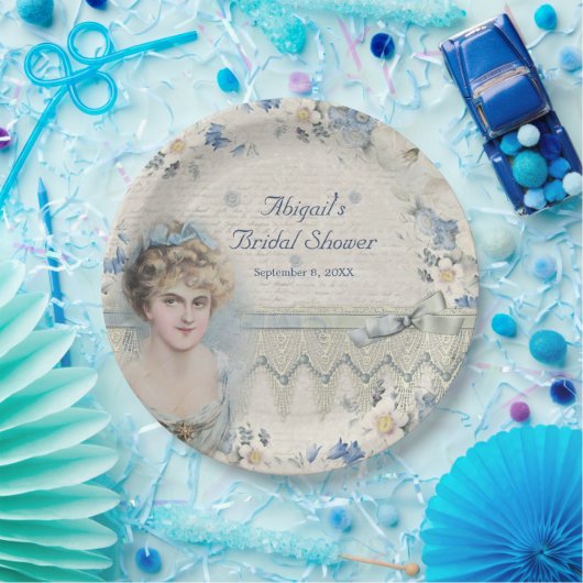 ウェディングシャワー ビンテージ ヴィクトリアン レディー 青い花 ペーパープレート (パーティー)