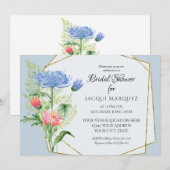 ウェディングシャワー ピンクとダスティーブルー シダと花のアート 招待状 (正面/裏面)