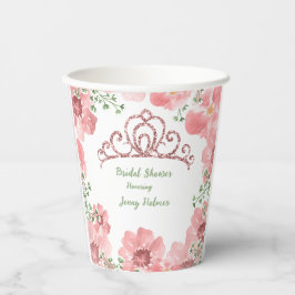 ウェディングシャワー ピンク グリッター クラウン ローズ 緑の葉 紙コップ