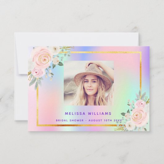 ウェディングシャワー ピンク パープル フォト フラワーホログラフィック サンキューカード (裏面)