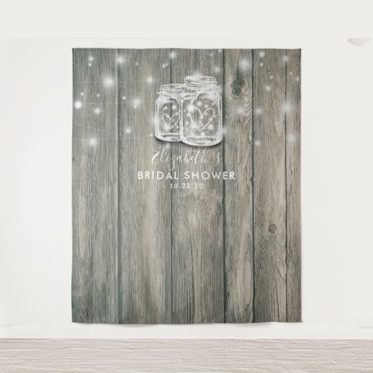 ウェディングシャワー フォトブース背景 木製 メイソンジャー ライト タペストリー (正面)