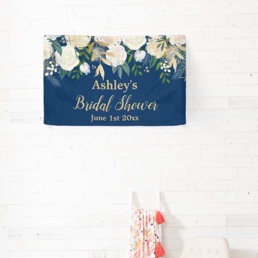 ウェディングシャワー フォトブース ネイビー＆ゴールド フラワープロップ 横断幕 (インサイチュ)