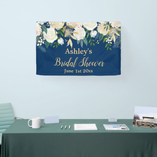 ウェディングシャワー フォトブース ネイビー&ゴールド フラワープロップ 横断幕 (トレードショー)