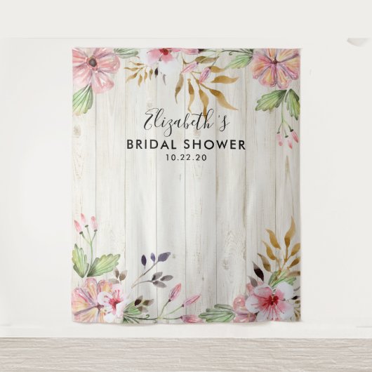 ウェディングシャワー フォトブース 花 縦格子 木 タペストリー (正面)