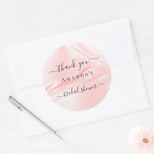 ウェディングシャワー ブラッシュピンク シルク サテン 名前 ありがとう ラウンドシール (封筒)
