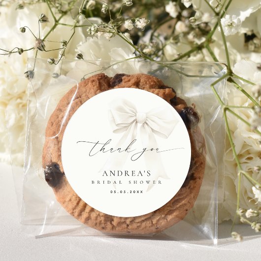 ウェディングシャワー　ホワイトリボンエレガントスクリプト　サンクス ラウンドシール