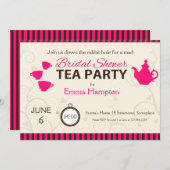 ウェディングシャワー マッド・ティーパーティー ピンク ブラウン ストライプ 招待状 (正面/裏面)