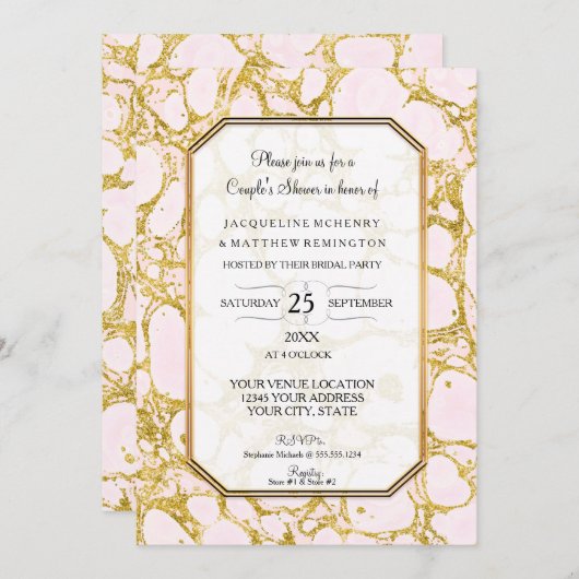 ウェディングシャワー マーブル模様の紙  ローズゴールド ピンク 招待状 (正面/裏面)
