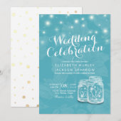 ウェディングシャワー メイソンジャー ストリングライト 青 花 招待状 (正面/裏面)