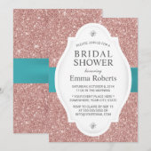 ウェディングシャワー モダン ローズゴールド グリッター ティール リボン 招待状 (正面/裏面)