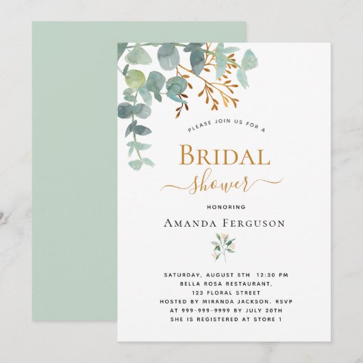 ウェディングシャワー　ユーカリグリーン　ゴールド　モダン 招待状 (正面/裏面)