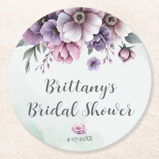 ウェディングシャワー ラベンダー＆グリーンフローラルペーパコースター ラウンドペーパーコースター (正面)