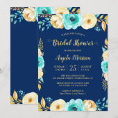 ウェディングシャワー ロマンティック ネイビーブルー ティール ゴールド フラワー 招待状 (正面/裏面)