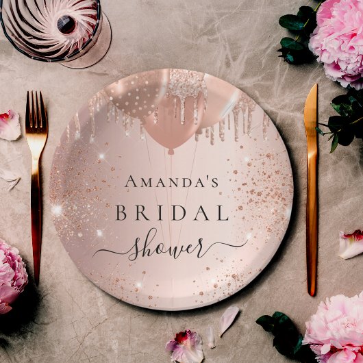 ウェディングシャワー ローズゴールド グリッター風船 グラマラス ペーパープレート