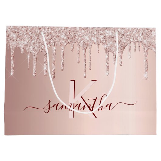 ウェディングシャワー ローズゴールド グリッター ピンク モノグラム ラージペーパーバッグ (裏面)