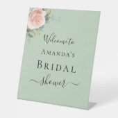 ウェディングシャワー ローズゴールド フラワー サージュグリーン ウェルカム 台座サイン (正面)