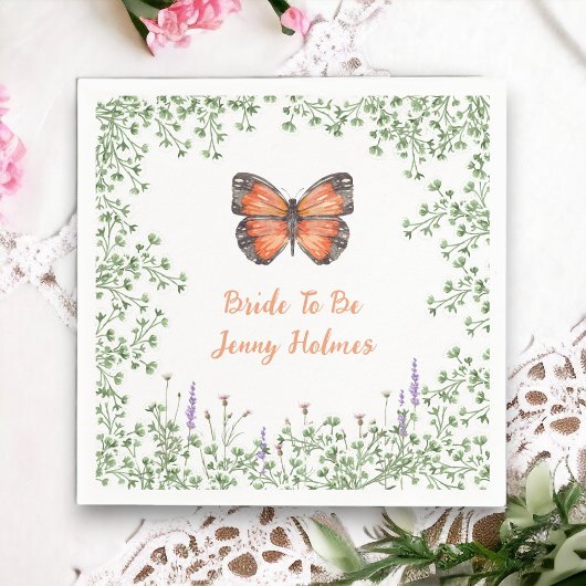 ウェディングシャワー ワイルドフラワー オレンジ 蝴蝶 緑の葉 スタンダードカクテルナプキン