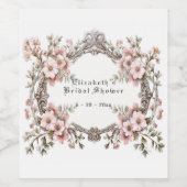 ウェディングシャワー ヴィンテージ シルバーフレーム ピンクのバラ ワインラベル (シングルラベル)