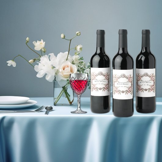 ウェディングシャワー ヴィンテージ シルバーフレーム ピンクのバラ ワインラベル