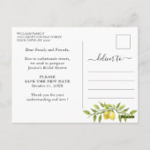 ウェディングシャワー 変更日 レモン 緑の葉 ポストカード (裏面)