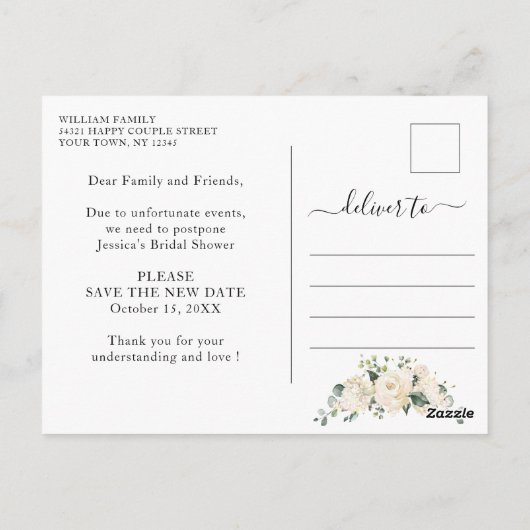 ウェディングシャワー 日程変更 ブッシュピンクの花 ポストカード (裏面)