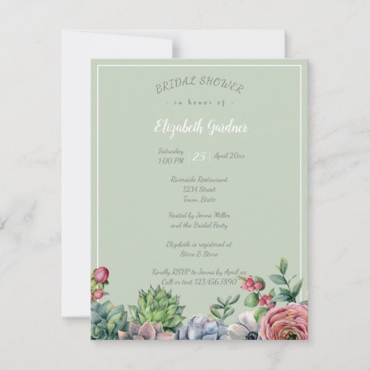 ウェディングシャワー 水彩 ピンク ブルー グリーン 多肉植物 招待状 (正面)