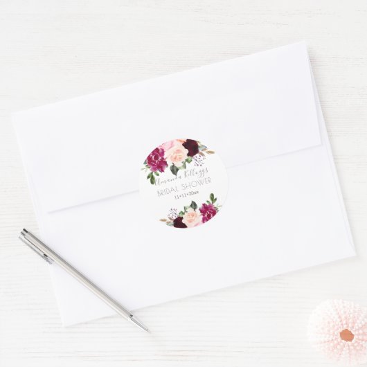 ウェディングシャワー 水彩 ワインレッド ピンクの花 ラウンドシール (封筒)
