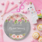 ウェディングシャワー 灰色 ピンクの花 ラスティック ペーパープレート (パーティー)