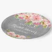 ウェディングシャワー 灰色 ピンクの花 ラスティック ペーパープレート (アングル)