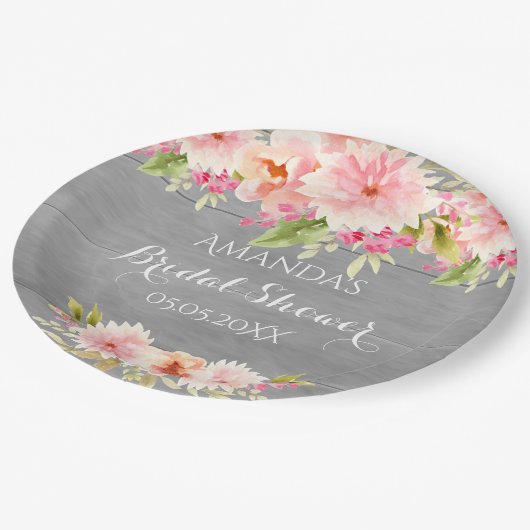 ウェディングシャワー 灰色 ピンクの花 ラスティック ペーパープレート (アングル)