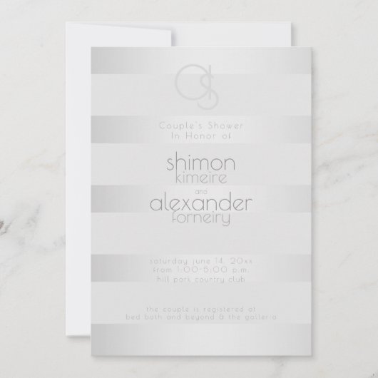 ウェディングシャワー | 発光シルバーストライプモノグラム 招待状 (正面)