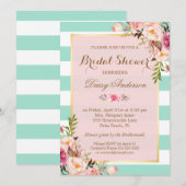 ウェディングシャワー 花のベビーピンク ミントグリーン ストライプ 招待状 (正面/裏面)