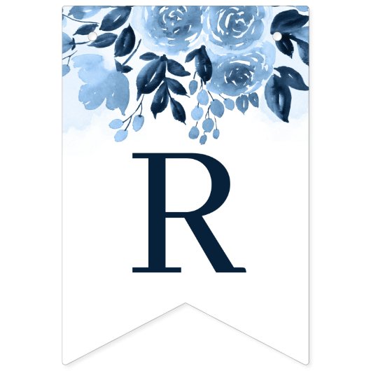 ウェディングシャワー 花の筆記体 ネイビーブルー 水彩 バンティングフラッグ (第3の旗)