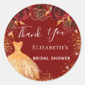 ウェディングシャワー 赤とゴールドのドレス ありがとう ラウンドシール (正面)