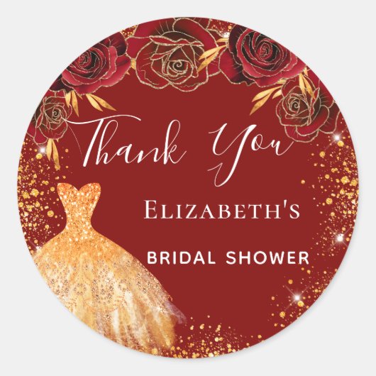 ウェディングシャワー 赤 ゴールドドレス ありがとう ラウンドシール (正面)