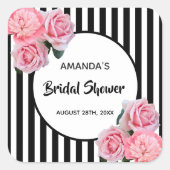 ウェディングシャワー 黒白のストライプとピンクの花 スクエアシール (正面)