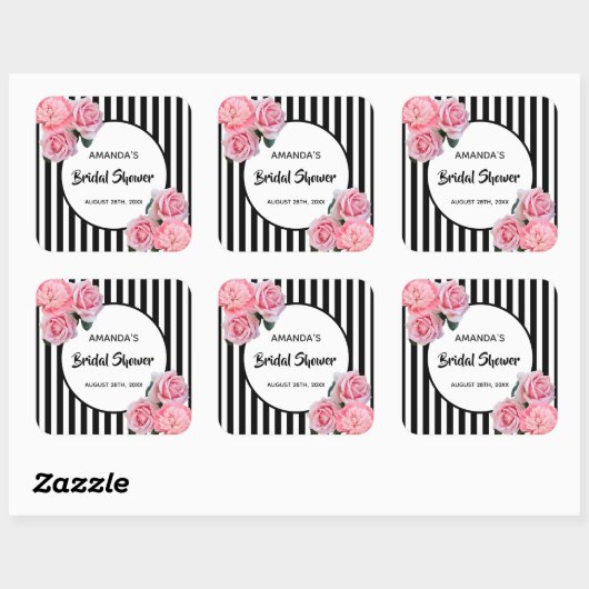 ウェディングシャワー 黒白のストライプとピンクの花 スクエアシール (シート)
