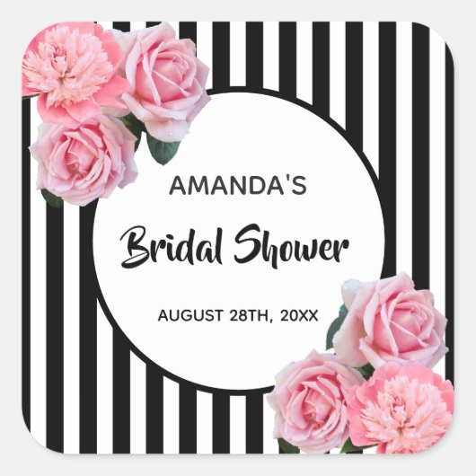 ウェディングシャワー 黒白ストライプ ピンクの花 スクエアシール (正面)
