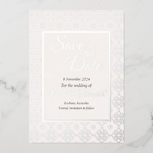 ウェディングシルバーフォイルで日付招待状を保存 箔招待状 (正面)