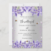 ウェディングシルバー水彩ラベンダー花蜂 招待状 (正面)