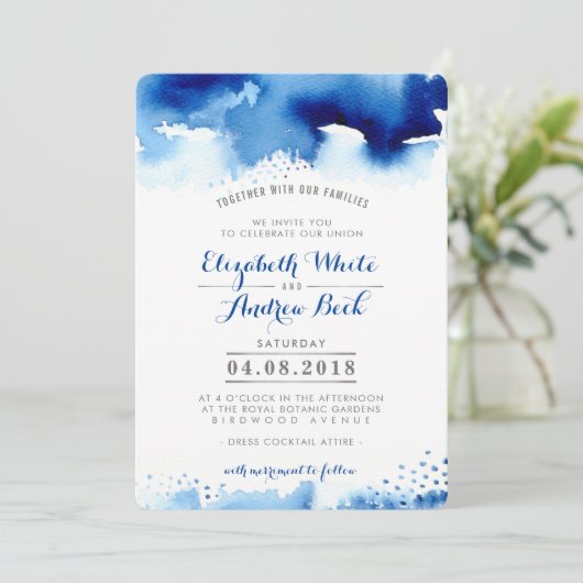 ウェディングスタイリッシュ招待シックな水色ダークブルー 招待状 (スタンド正面)