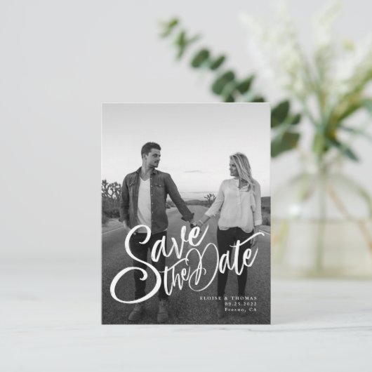 ウェディングスタイリッシュ日付スクリプトの写真を保存 案内ポストカード (スタンド正面)