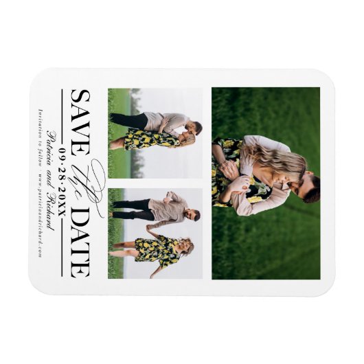 ウェディングスタイリッシュ日付3フォトコラージュを保存 マグネット (横)