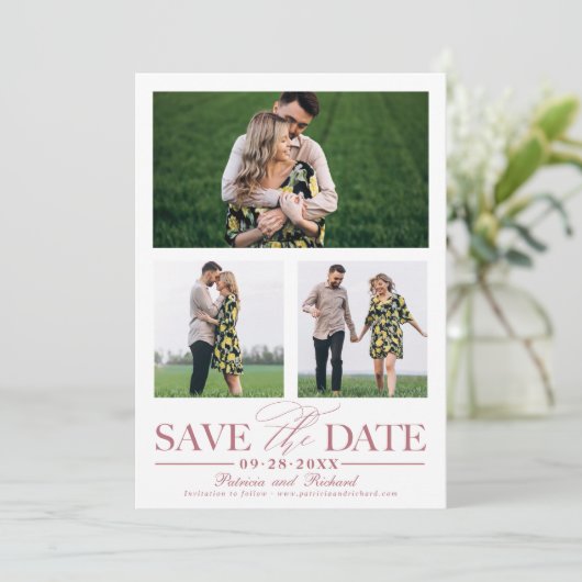 ウェディングスタイリッシュ日付3フォトコラージュを保存 招待状 (スタンド正面)