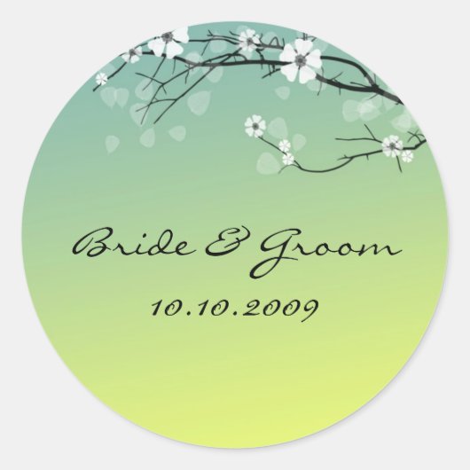 ウェディングステッカー 開花した枝 ティール ゴールド ラウンドシール (正面)