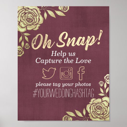 ウェディングスナップ ハッシュタグ モダン ゴールド ローズ バーガンディ レッド ポスター (正面)