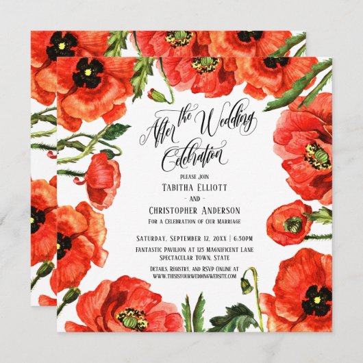 ウェディングセレブレーション後の赤いポピーの花輪 招待状 (正面/裏面)