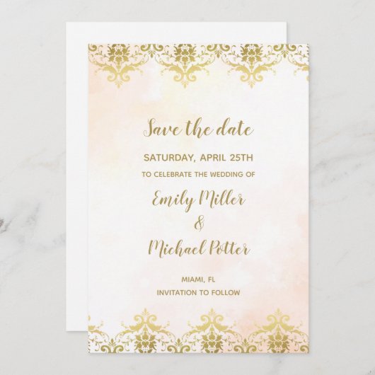 ウェディングセーブザデートウォーターカラーピーチ金ゴールド セーブザデート (正面/裏面)